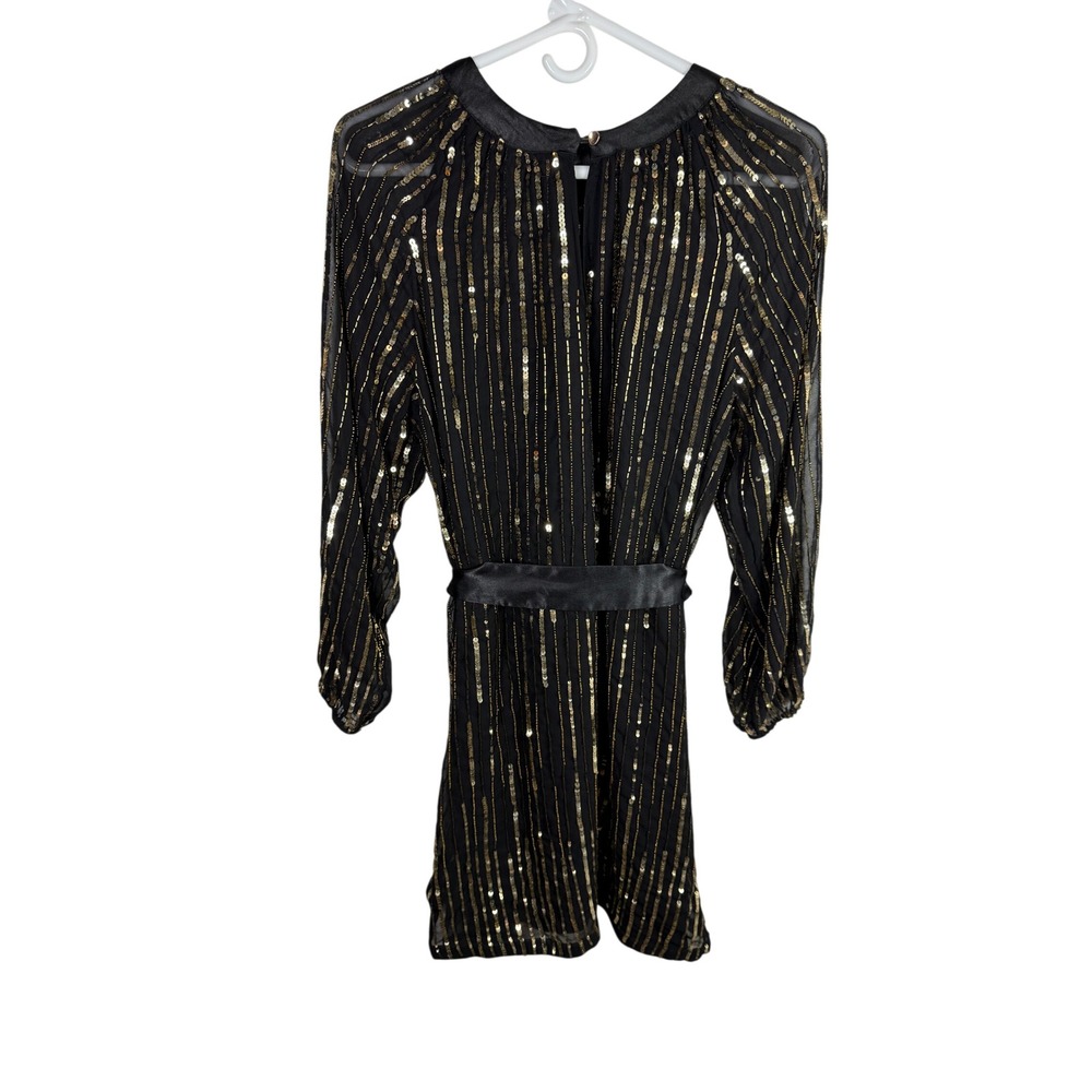 VTG Cache Black Gold Sequin Beaded Dress Long Sleeve LBD Cocktail S Classy